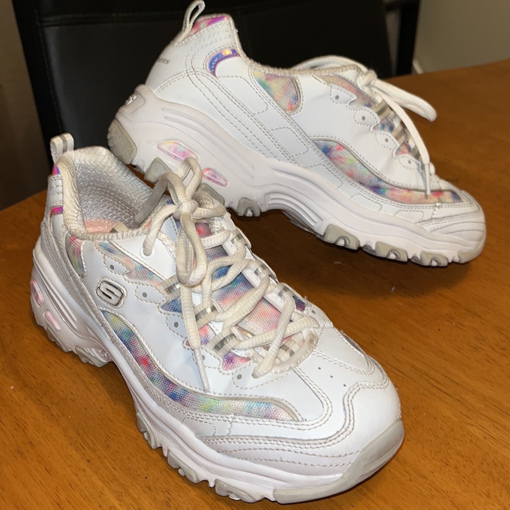 Skechers D’Lites Pastel Rainbow White with Iridescent Accents Womens Size 7W